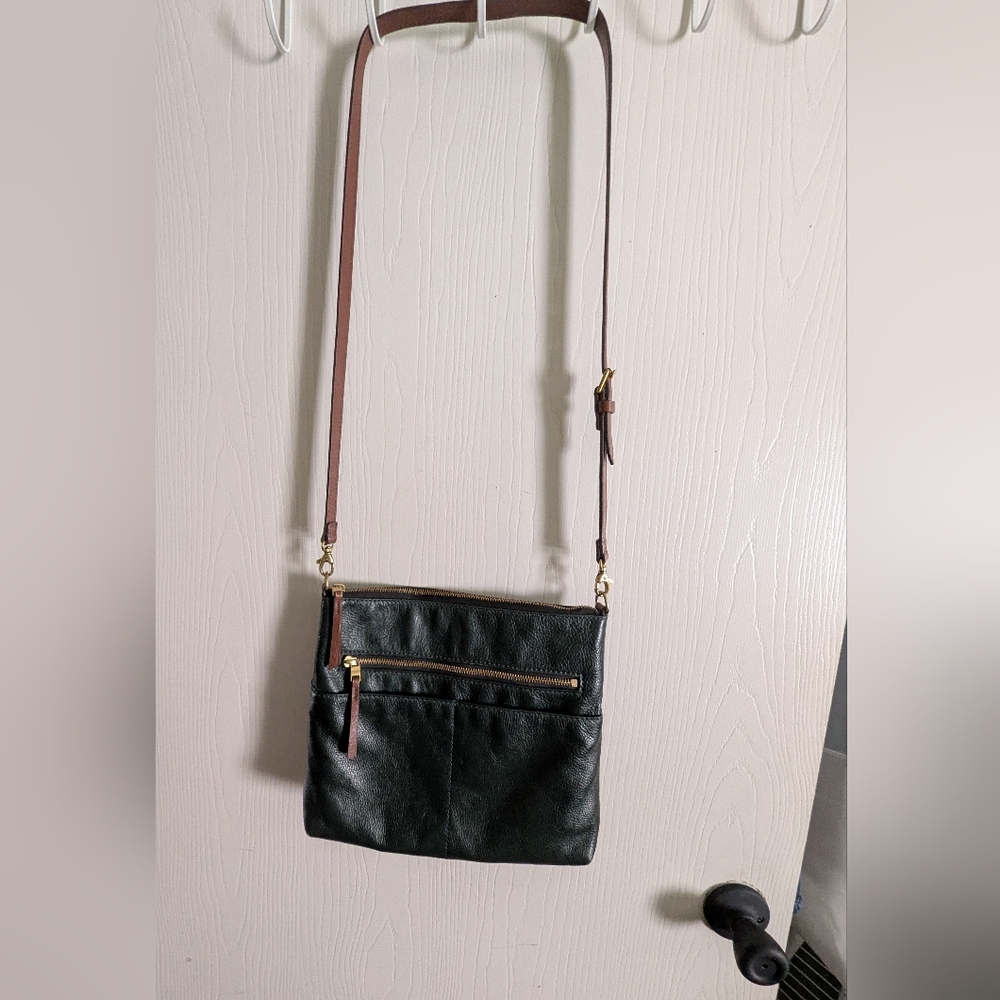 Fossil Fiona Purse Crossbody Green Leather Brown Strap